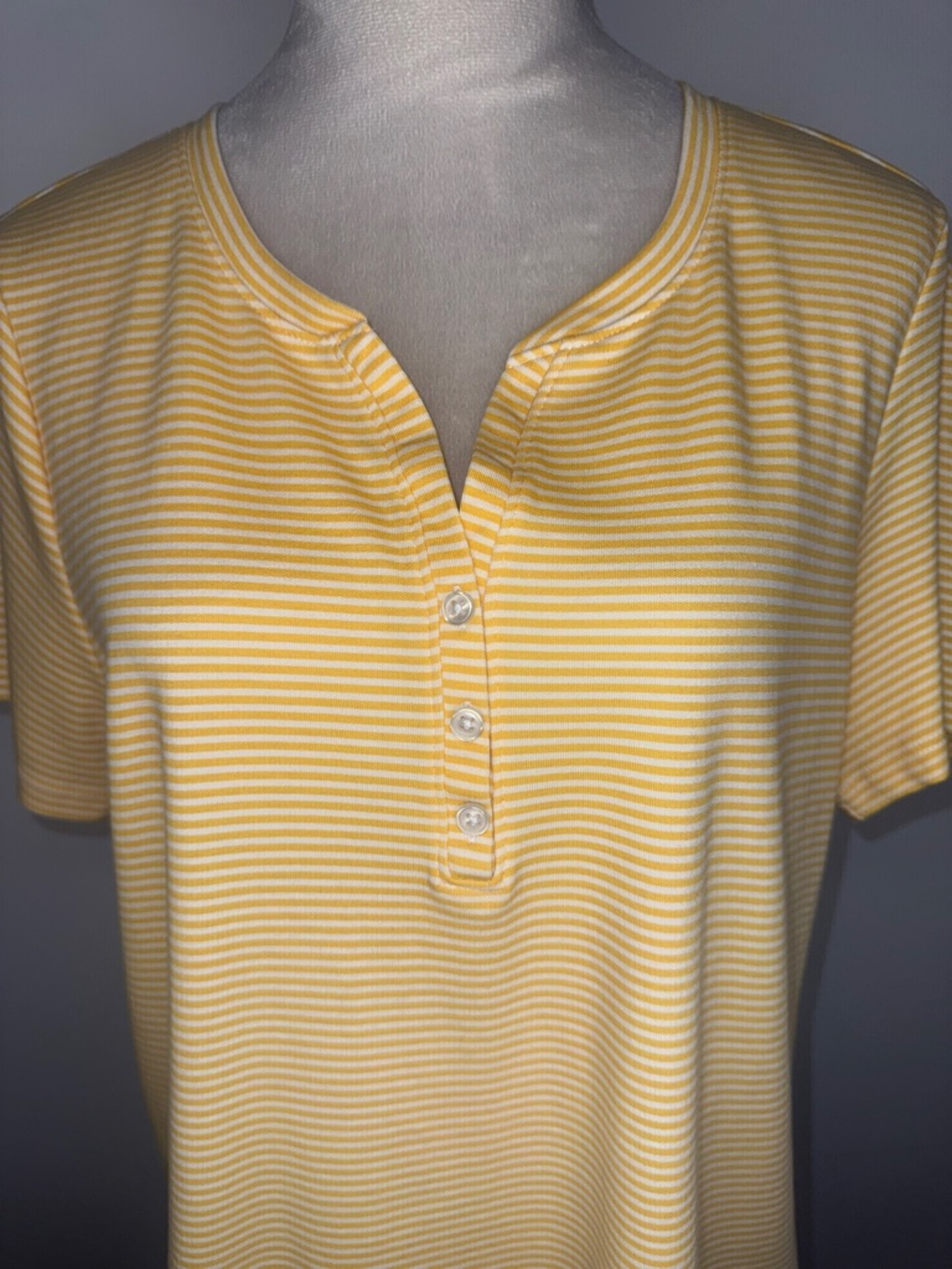 Style & Co. Yellow & White Striped Short Sleeve Henley Tee - Picture 3 of 6